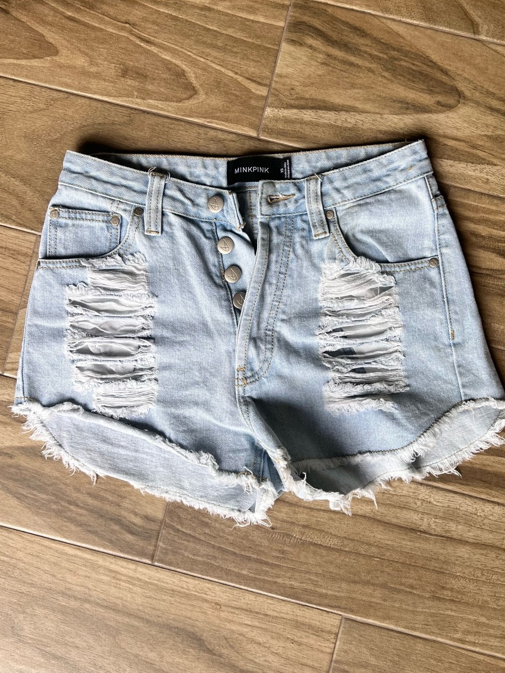 MINKPINK Light Blue Distressed High-Rise Denim Shorts